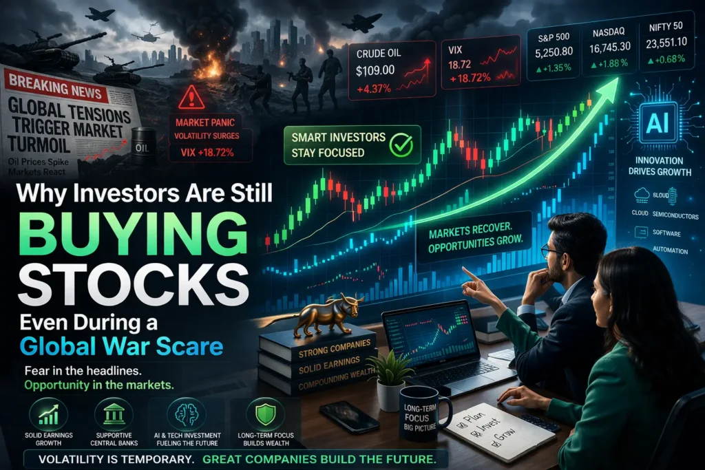 nvestors buying stocks during global war scare with rising market charts
