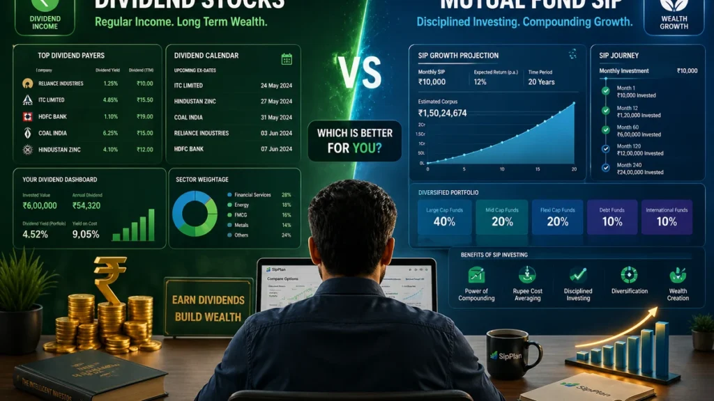 Investor comparing dividend stocks and mutual fund SIP with income chart, SIP growth graph, and equity risk dashboard.