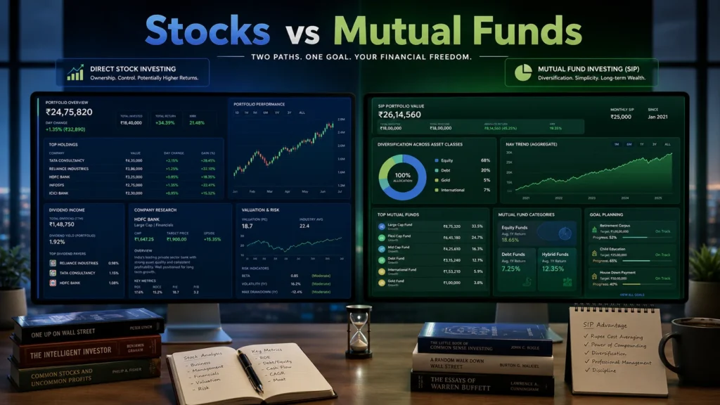 Stocks vs mutual funds comparison for Indian investors with SIP and direct stock dashboard